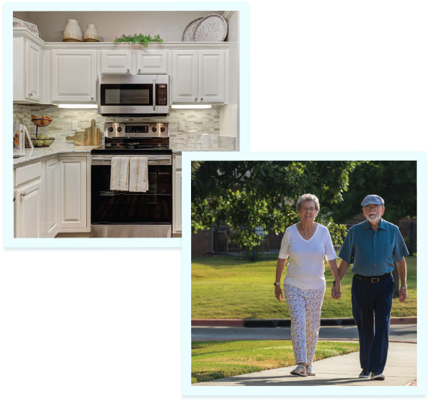 one image of a kitchenette and one image of a senior couple walking hand in hand outside